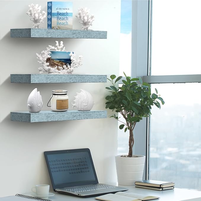 Sorbus Floating Shelves - 3 Pack 16 Inch Rustic Blue Wall Shelves for Bedroom, Kitchen, Living Room, Bathroom Shelves, Home Decor, Office - Floating Shelf for Trophies, Books, Frames, Toilet Paper-Ruum Studio Home