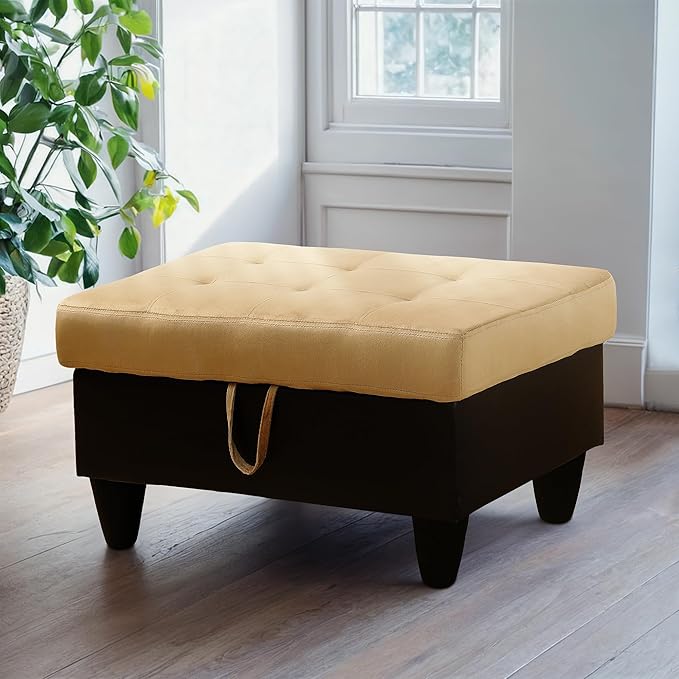 Ottoman Rectangular Storage Ottoman Bench, Flannel Footrest Stool Footstool with Lid for Living Room, Bedroom, Entryway, Champagne&Black, 35"x23.5"x17.5"-Ruum Studio Home