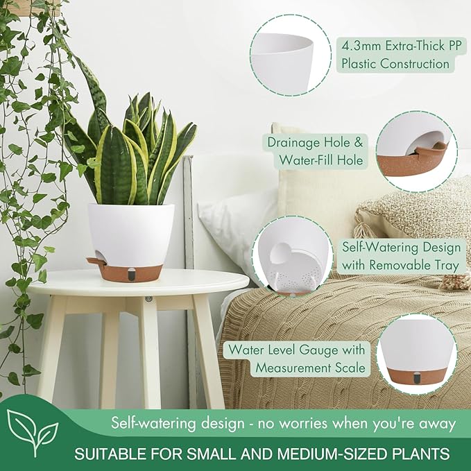 montresor 2 Pack 8 inch Plant Pots, PP Plastic Self Watering Plant Pot with Drainage and Tray for Indoor Outdoor Plants, Water Level Window & Reservoir Flower Pots Decorative Planter(White)-Ruum Studio Home