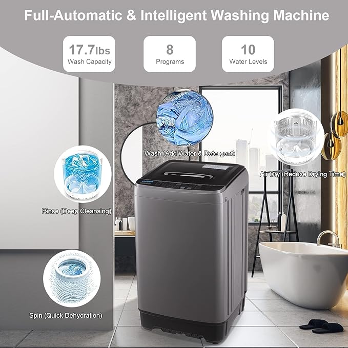 17.7 lbs Full Automatic Washing Machine with LED Display Compact Drain Dump, 10 Wash Programs and 8 Water Levels Ideal for Dorms, Apartments, RV, Grey (KB03-GREY6-3)-Ruum Studio Home