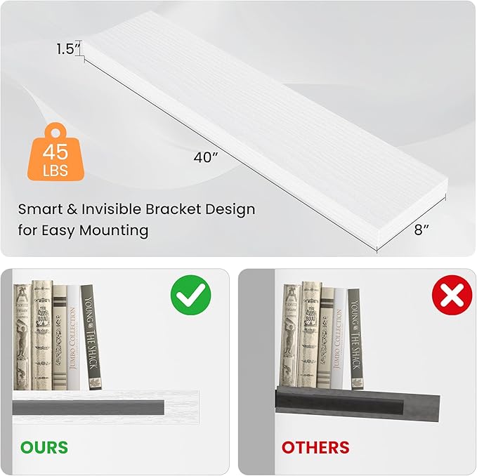 Floating Shelves for Wall,40" W x 8" D x 1.5" H, Wooden Wall Mounted Display Shelves with Invisible Brackets for Living Room, Bedroom, Bathroom, Kitchen Decor and Storage, Set of 2, White-Ruum Studio Home