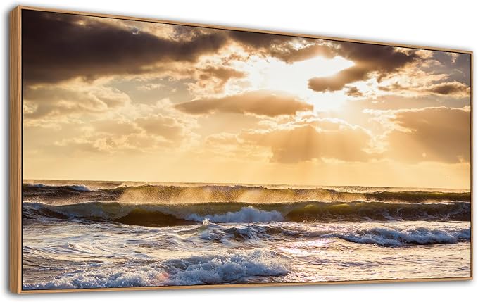 Framed Sunset Ocean Wall Art - Canvas Wall Decor Glow Sea Scene Nature Landscape Prints Sunset Over the Ocean Painting Artwork Living Room Bedroom Office Home 24" x 48"-Ruum Studio Home