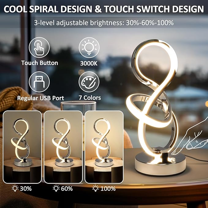Modern Spiral Table Lamp, 7 Colors 10 Light Modes LED Nightstand Small Lamp with USB C+A Ports, Touch Dimmable Lamps for Living Room Bedroom Bedside, Unique & Cool Lamps,Silver-Ruum Studio Home