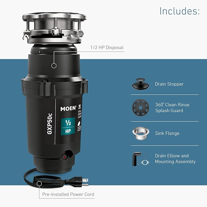 Moen Prep Series PRO Continuous Feed Compact Garbage Disposal for Kitchen Sink with Power Cord, GXP50C-Ruum Studio Home