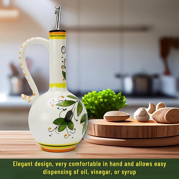 Hand-Painted Ceramic Olive Oil Dispenser Bottle – 15oz Decorative Stoneware Cruet with Stainless Steel Spout for Oil, Vinegar, Syrups, and Sauces-Ruum Studio Home
