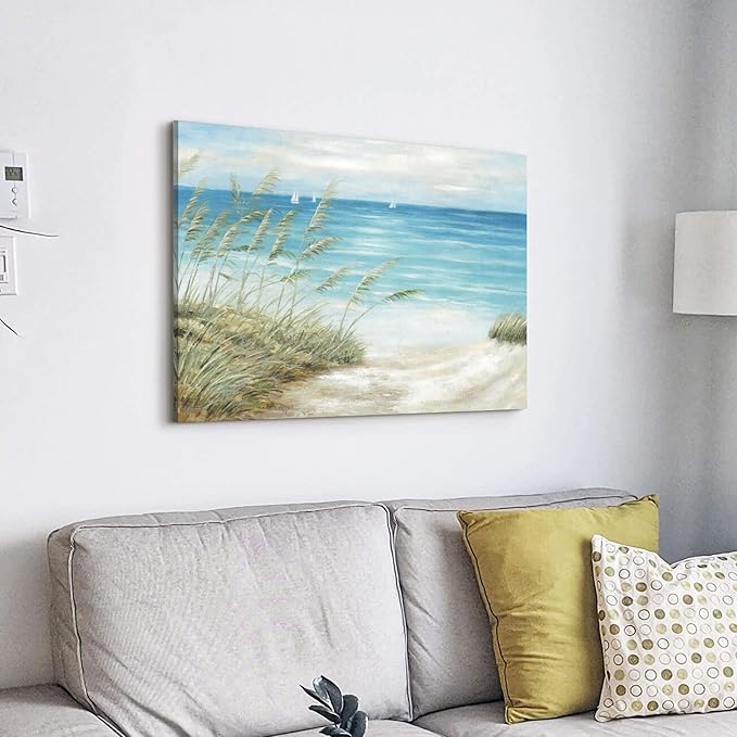 Beach Coastal Canvas Wall Art: Sea Reed Hand Painting Vintage Abstract Blue Ocean Boat Nautical Pictures Modern Seascape Grass Path Artwork Decor for Bathroom Bedroom-Ruum Studio Home