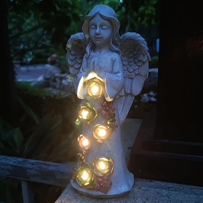 Angel Solar Garden Outdoor Statues with Succulent Plants and 6 LED Lights– Outside Solar Garden Decor Figurines -Remembrance & Sympathy Gifts Decorations-Ruum Studio Home