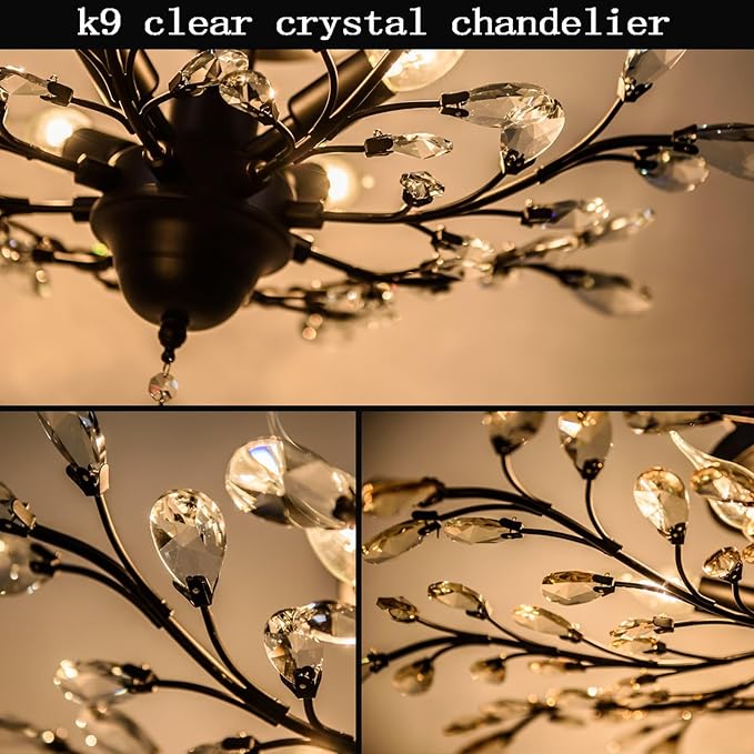 Ganeed Crystal Ceiling Light,Vintage Chandelier, Modern Elegant K9 Crystal Glass Chandelier Flush Mount Ceiling Lighting Fixture for Living Room Bedroom Restaurant Porch- Matte Black - 5 Lights-Ruum Studio Home