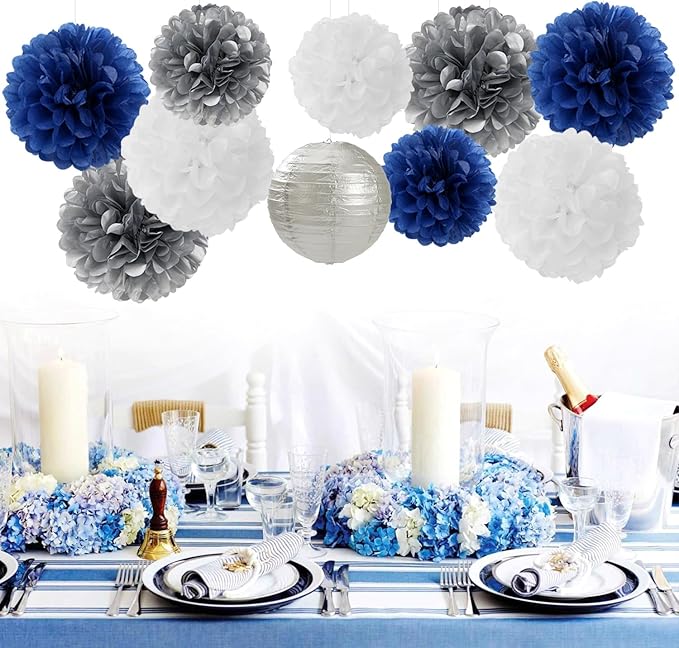 Navy-Blue Silver Party-Decorations Paper-Flowers Lanterns - 15PCS Birthday Royal White Wedding Tissue Pom Poms Streamers,Baby Bridal Shower Bachelorette Graduation Hanging Supplies Decor Hugfond-Ruum Studio Home