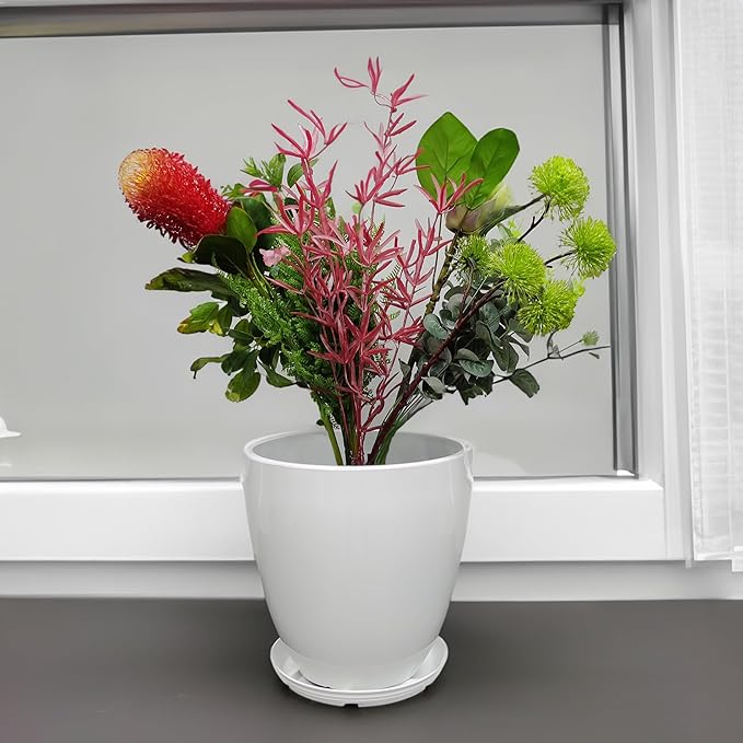 FixtureDisplays® 9.8" Diameter 11" Tall White Plant Pots, Plastic Flower Pots with Drainage Holes and Saucers for Indoor and Outdoor 15747-NF-Ruum Studio Home