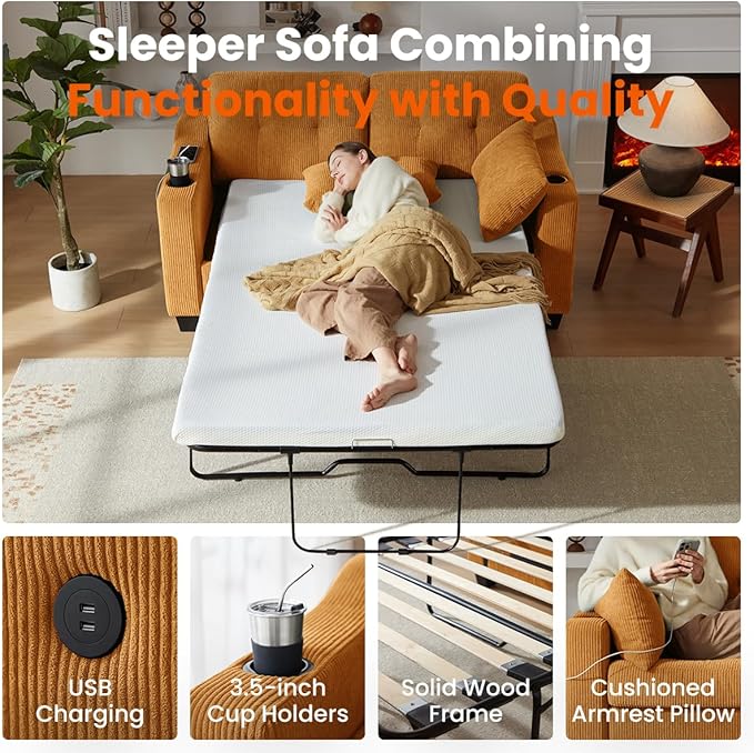 Pull Out Sofa Bed, Full Size Sleeper Sofa, 2-in-1 Convertible Corduroy Couch with USB Charging, Memory Form Couch for Living Room, Apartment and Small Space (Mustard Yellow, Corduroy - Full Size)-Ruum Studio Home