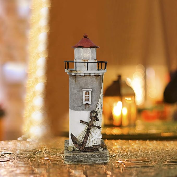 Linfevisi Wood Lighthouse Decor Rustic LED Light House Decor Wooden Decorative Nautical Lighthouse Statue Coastal Beach Themed Lighthouse Handcrafted Tabletop Decoration Home Bathroom (11.4")-Ruum Studio Home
