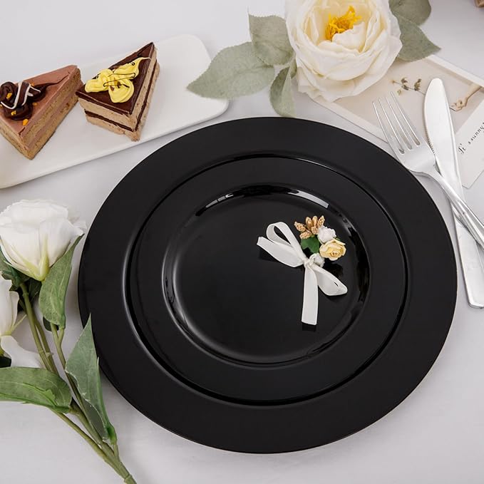 FLOWERCAT 60PCS Black Plastic Plates - Heavy Duty Black Disposable Plates for 30 guests Halloween Party/Wedding/New Year - Include 30PCS 10.25inch Dinner Plates and 30PCS 7.5inch Dessert Plates-Ruum Studio Home