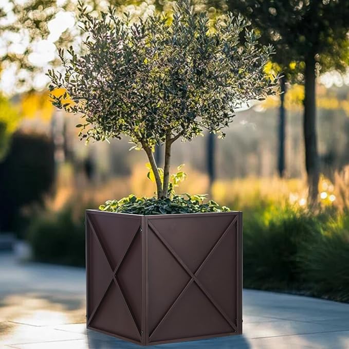 Metal Square Planter Box Tall Planters for Outdoor Plants Modern Heavy Duty with Drainage Holes for Outside Indoor Patio Deck - Brown, 17”x 17”x 18”-Ruum Studio Home