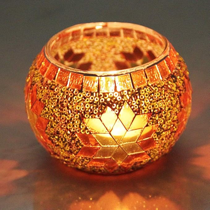 SHMILMH Votive Candle Holder Set of 4, Diwali Decoration for Home, Handmade Mosaic Glass Tealight Candle Holders for Table Centerpiece Decor,Diwali Thanksgiving-Ruum Studio Home