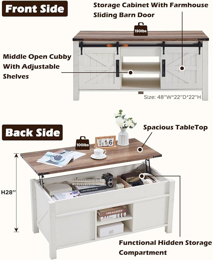 OKD 48" Farmhouse Lift Top Coffee Table with Sliding Barn Door,Rustic Center Table with Hidden Storage Compartment,Lifting Tabletop and Adjustable Shelf for Living Room,Office,Antique White-Ruum Studio Home