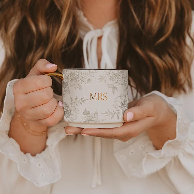 Sweet Water Decor Mrs Mug, 14oz Fine Bone China Coffee Cup with Gold Handle and Grey Delft Pattern, Bridal Shower Gift for Wedding Bride, Engagement & Newlyweds-Ruum Studio Home