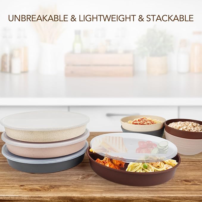 greenandlife 9 Inch 4PCS Portion Control Plates with Lids, Divided Plates for Kids Adults, Dishwasher Microwave Safe Compartment Plate, Unbreakable Lightweight Reusable Wheat Straw Plate, Earth Tone-Ruum Studio Home