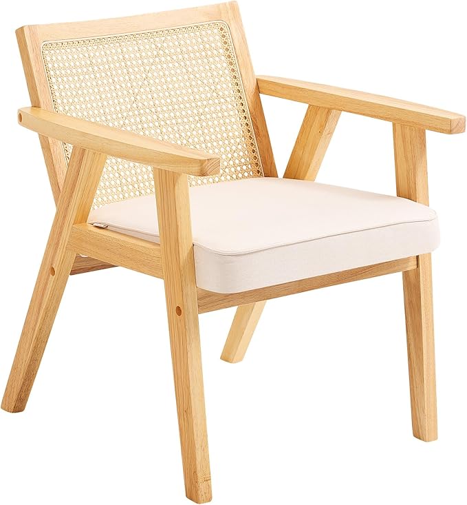 VEVOR Mid Century Modern Rattan Chair, Upholstered Velvet Accent Chair with Rattan Back, Retro Living Room Chair for Living Room, Bedroom, Reading Room, and Office, Beige-Ruum Studio Home