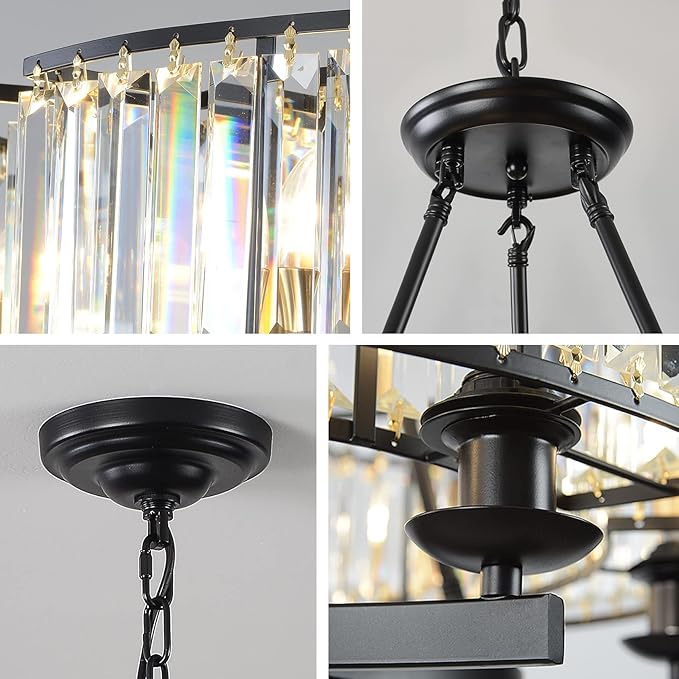 Vintage Crystal Chandelier Black 6 Lights Hanging Ceiling Light Fixture Iron Frame Pendant Lighting for Farmhouse Decoration Dining Table Living Room-Ruum Studio Home