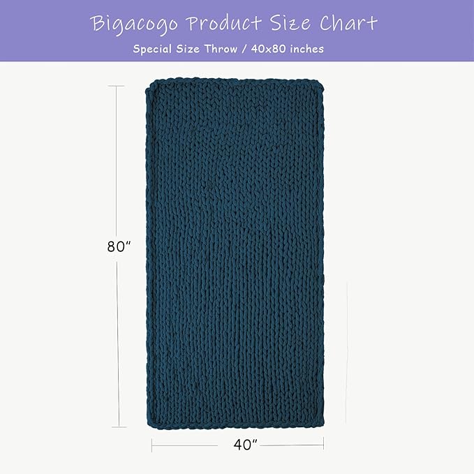 Bigacogo Chunky Knit Throw Blanket for Couch, 40x80 inches, 100% Hand Knitted with Thick Jumbo Chenille Yarn, Cozy Soft Large Rope Knot Cable Crochet Blankets for Sofa Bed Living Room, Deep Sea Blue-Ruum Studio Home