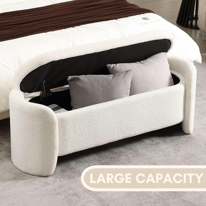 ROCTY White Boucle Storage Bench - 50" Sherpa Ottoman Bench for Bedroom, Entryway, Living Room & Vanity - Teddy Fabric with Storage & Seating-Ruum Studio Home
