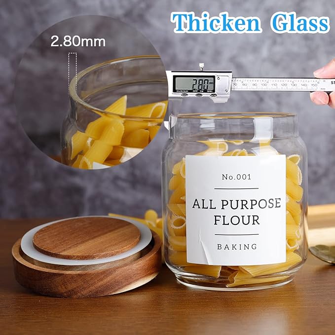 16 OZ Stackable Glass Food Storage Jars with 132 Pantry Labels Preprinted - 6 Pcs Thicken Glass Storage Containers with Airtight Acacia Lid - Clear Kitchen Canister for Spice, Tea, Coffee, Sugar-Ruum Studio Home