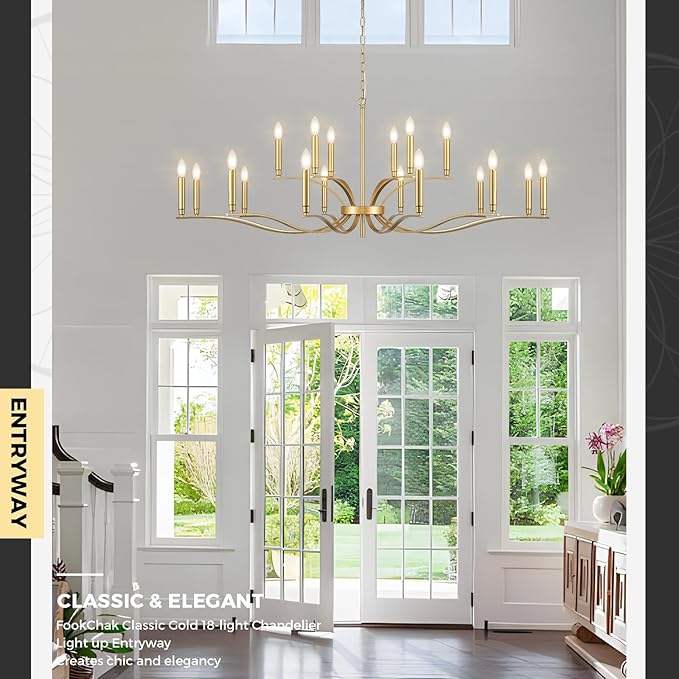 18 Light Gold Living Room Chandelier High Ceiling Foyer Candle Chandelier Large Modern Brass 59in Metal Chandeliers Hanging Light for Master Bedroom Dining Room Light Fixture Over Table-Ruum Studio Home