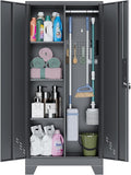 Metal Storage Cabinet with Locking Doors, 61" Tall Garage with Hanging Rod, Broom Closet, Freestanding Bathroom Storage Cabinet, Cleaning Tool,Black-Ruum Studio Home