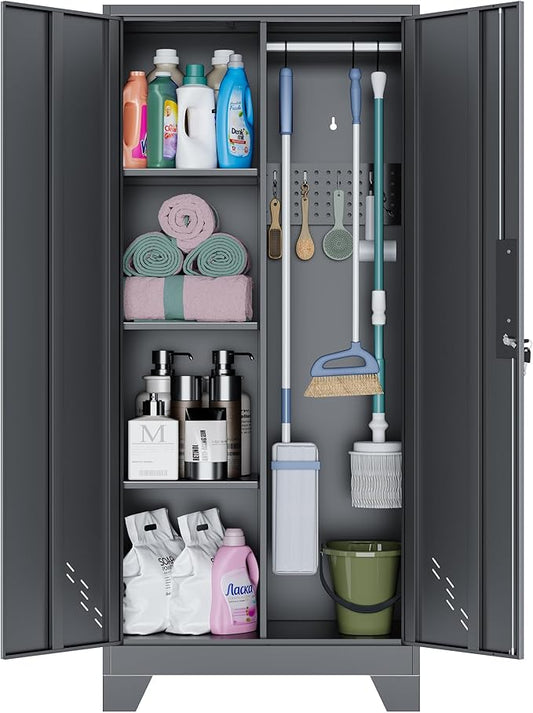 Metal Storage Cabinet with Locking Doors, 61" Tall Garage with Hanging Rod, Broom Closet, Freestanding Bathroom Storage Cabinet, Cleaning Tool,Black-Ruum Studio Home
