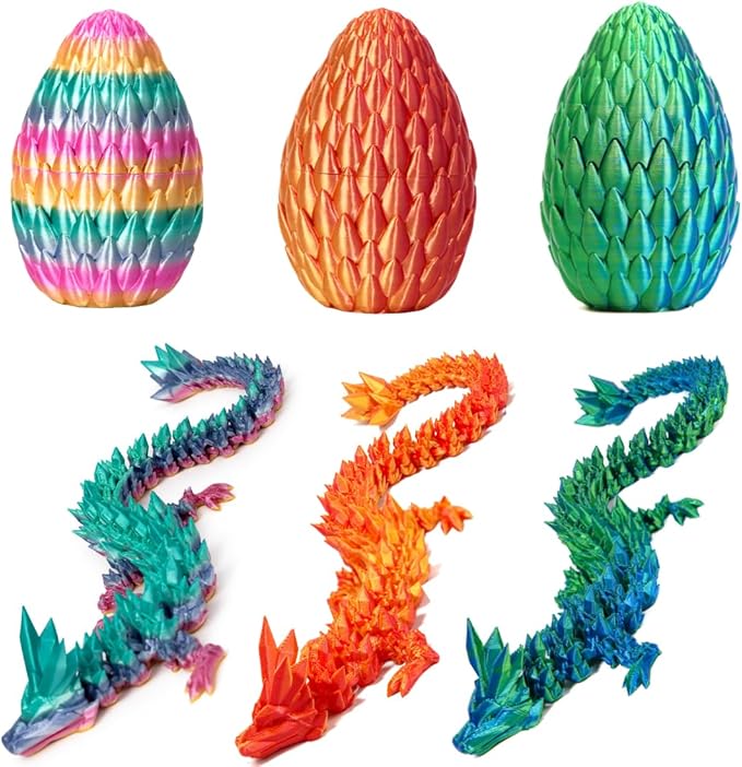 3PCS 3D Printed 12” Articulated Crystal Dragon Inside 5.1” Egg – Fantasy Collectible, Fidget Toy & Stocking Easter Basket Stuffers for Home & Office Decor (3pcs - Rainbow)-Ruum Studio Home