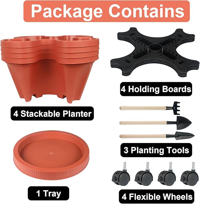 Vertical Planter 4 Tier Stackable Planters Garden Planters Strawberry Herb Flower and Vegetable Planter Indoor Outdoor Gardening Pots with Removable Wheels and Tools 2-Pack-Ruum Studio Home
