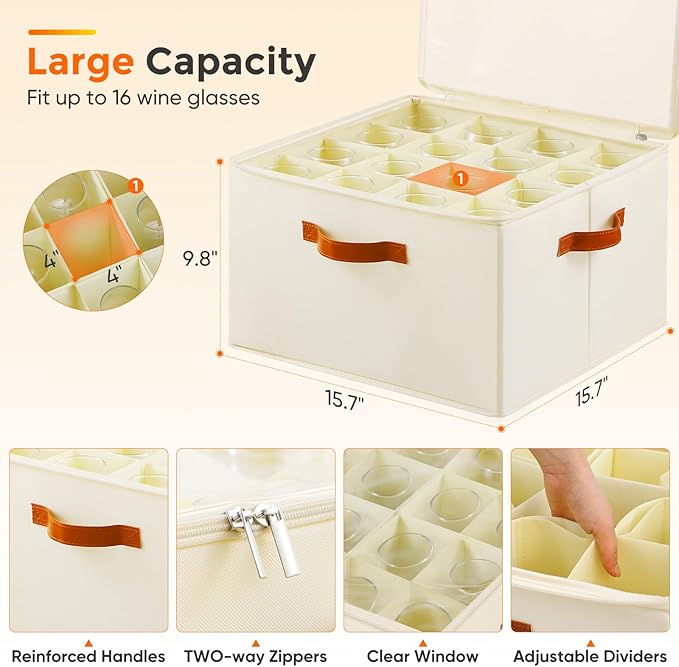 Wine Glass Storage Box with Dividers, 2 Pack Glassware Storage Containers, Stemware Storage Cases Holds 32 Wine Glasses, Stackable Crystal Storage Containers with Clear Cover for Moving，Beige-Ruum Studio Home
