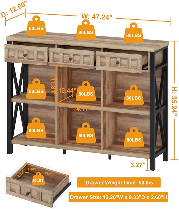 FATORRI Rustic 6 Cube Storage Organizer Shelf with 3 Drawers, Long Horizontal Bookshelf, Industrial Wood and Metal Cubby Bookcase for Living Room (Rustic Oak, 47 Inch)-Ruum Studio Home