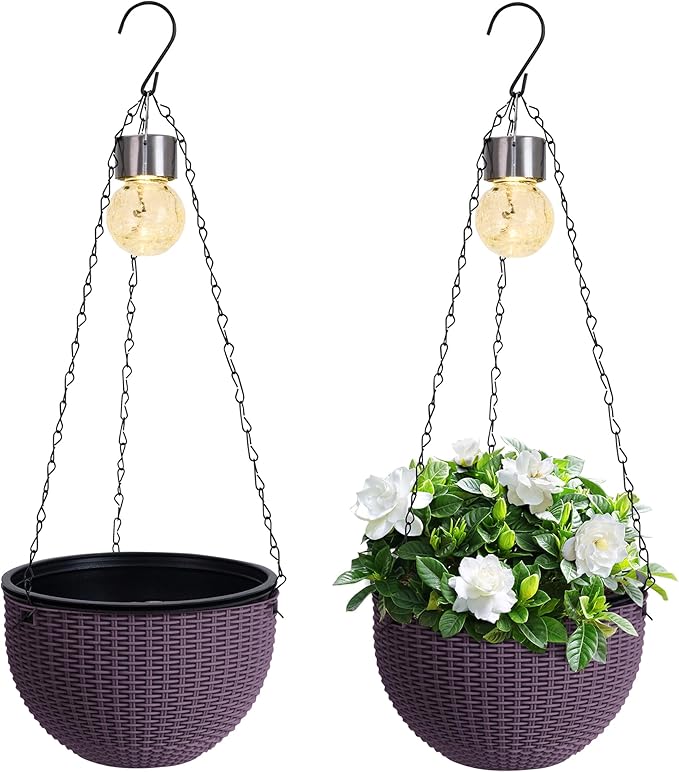 Hanging Planters for Outdoor Plants,2 Pack Coffee Artificial Rattan Solar Hanging Baskets with Drainage Holes & Removable Tray,Hanging Flower Pots Gardening Gifts for Women/Mothers-Ruum Studio Home
