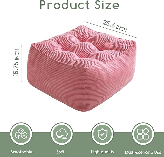HIGOGOGO Square Stuffed Pouf Ottoman, Corduroy Poufs with Foam Chunk Filling, Furry and Fluffy Pouf Foot Stool Storage Ottoman, 25.6 X 25.6 Floor Poufs Foot Rest for Living Room, Pink-Ruum Studio Home