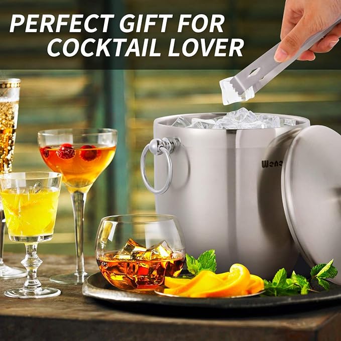 Ice Bucket with Lid, Scoop, Tongs and Strainer - Well Made Insulated Stainless Steel Keep Ice Frozen Longer - Ideal for Cocktail Bar, Parties, Chilling Wine, Champagne - 3 Liter (Stainless Steel)-Ruum Studio Home
