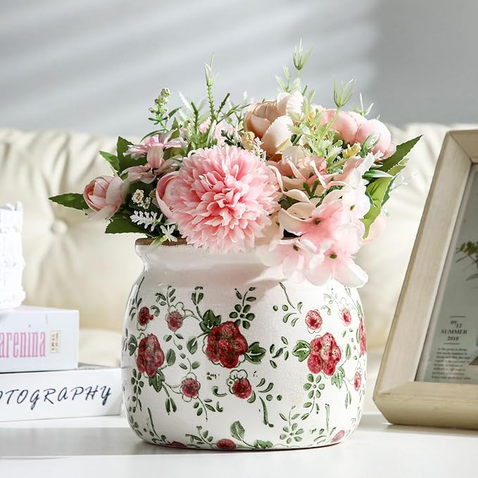 1 Pcs Vintage Planter Large Ceramic Plants Pot Red Plum Crack Cottage Scroll Vase Flower Vase Pot Indoor Plants Home Kitchen Decor Farmhouse Antique Decorative Gift-Ruum Studio Home