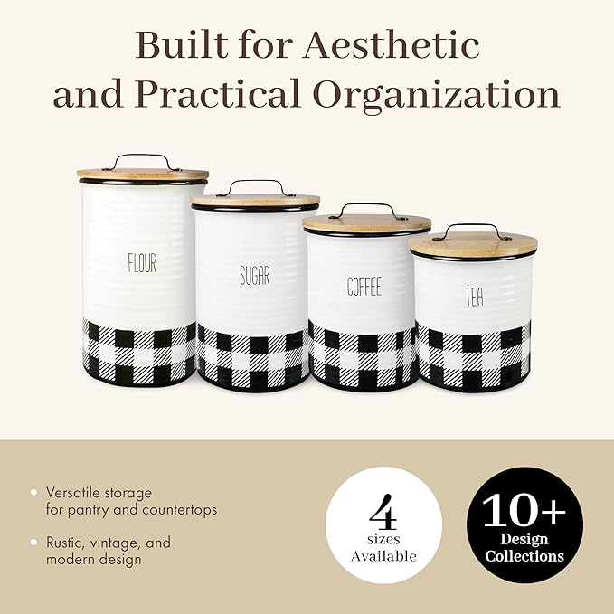 Young's Inc. 4 Pcs Set Plaid with Bamboo Lids Ceramic Canisters- Storage Container for Kitchen and Bathroom - Beautiful Home Decor Accent to Store Food, Coffee, Tea, and More - Black, White-Ruum Studio Home