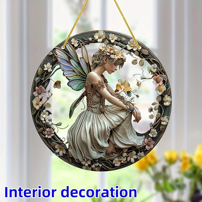 Flower Fairy Garden Decorations Angel Wing Christmas Halloween Deco Statue Art Elf Sculpture Hanging Craft for Outdoor Yard Courtyard Lawn Patio Window Acrylic Ornament Home Gift (B,S: 6*6 IN)-Ruum Studio Home