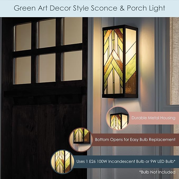 RIVER OF GOODS Art Deco Stained Glass Outdoor Light Fixture - 16.25" H - Decorative Porch Light - Green-Ruum Studio Home