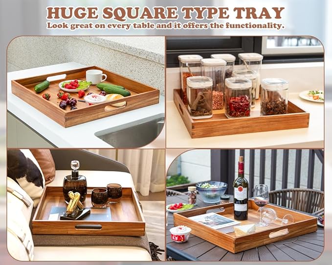 Large Ottoman Tray for Living Room, 20" Extra Large Tray for Ottoman Square Acacia Serving Trays with Handles for Coffee Table, Breakfast, Appetizers, Dinner-Ruum Studio Home
