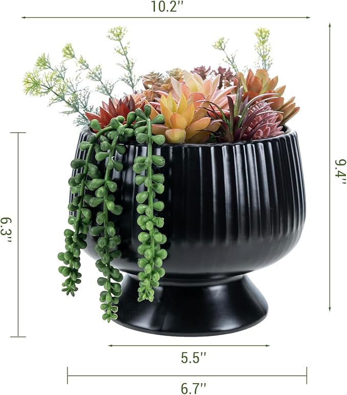 MyGift 10 Inch Modern Artificial Succulent Arrangement Potted in Matte Black Ribbed Ceramic Round Planter, Decorative Plant Pot with Assorted Faux Mini Succulents-Ruum Studio Home