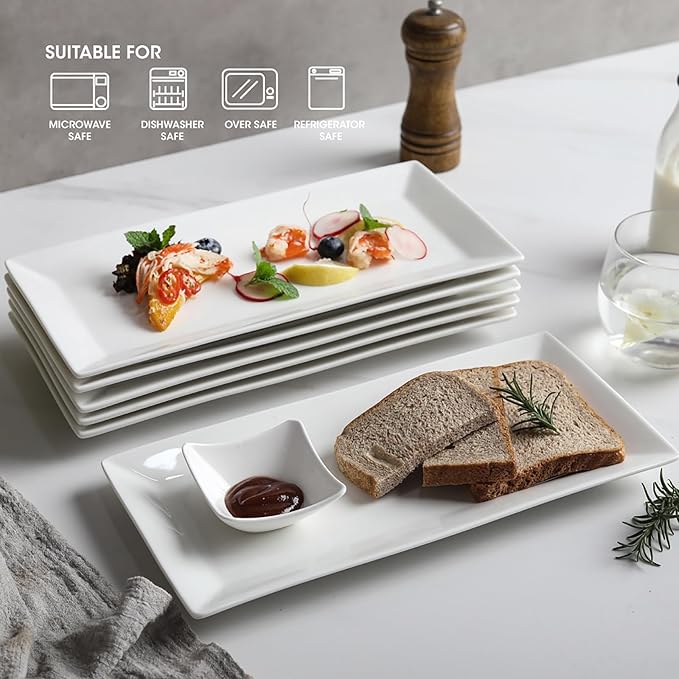 12" Serving Platters Set of 4, White Rectangular Plates, Ceramic Serving Tray, Stackable Large Party Plates for Appetizer, Dessert, Steak, Sushi, Housewarming, Oven Dishwasher Safe-Ruum Studio Home
