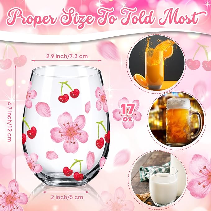 Sliner 2 Pack 17oz Cherry and Flower Stemless Wine Glasses Cherry Blossom Drinking Glasses Floral Tumbler Cups for Women Birthday Anniversary Gift Parties Supplies-Ruum Studio Home