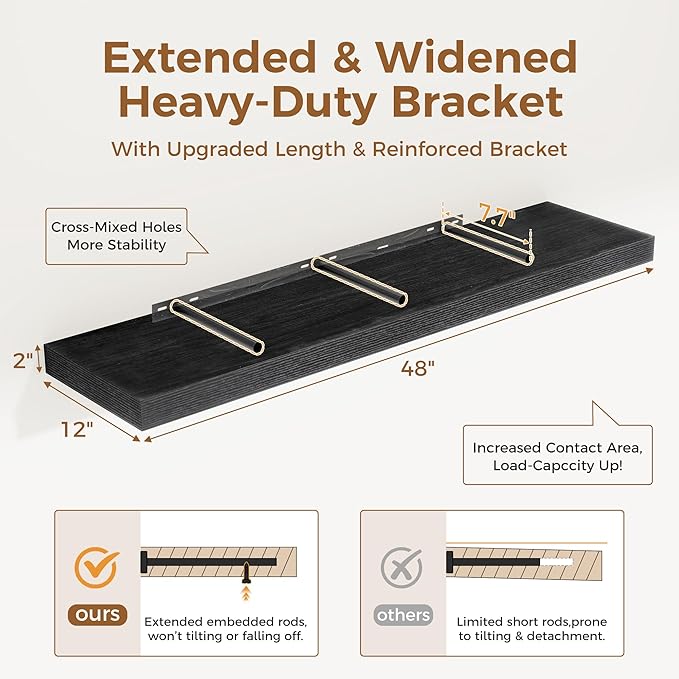 Black Floating Shelves 48 Inch Long, 12 Inch Deep Floating Shelves for Wall, 48 x 12 Large Wall Shelves for Home Storage & Display, 2" Thicked Floating Shelf for Bedroom, Living Room, 1 Pack-Ruum Studio Home