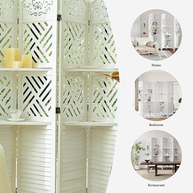 Room Divider with Shelves, 68.9inch Wood Carved and Louvered Wall Divider Freestanding, 4 Panels Folding Partition Screen for Bedroom Home Office (White)-Ruum Studio Home