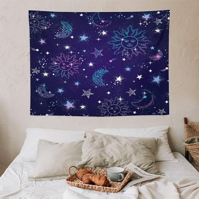 HZOHNAGO Boho Sun Moon Tapestry Purple Blue Sun Stars Galaxy Pattern Printed Wall Tapestry Wall Hanging for Bedroom Living Room Dorm 40" W x 30" H-Ruum Studio Home