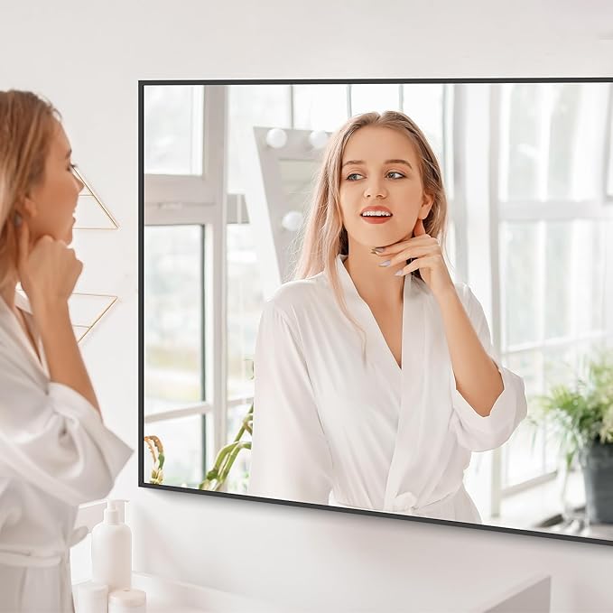 Black Bathroom Mirror for Wall, 30x48 Inch Rectangle Mirrors with Metal Frame, Modern Vanity Wall Mirror Decor for Bathroom Living Room, Entryway Hangs Horizontal or Vertical-Ruum Studio Home
