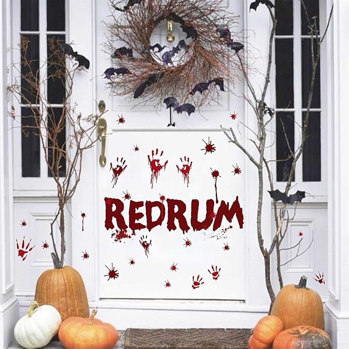 Halloween Redrum Murder Wall Decal Horror Ghost Hand Wall Decals Halloween Blood Splatter Decals Removable Peel and Stick Walls Stickers for Haunted House Party Window Decor-Ruum Studio Home